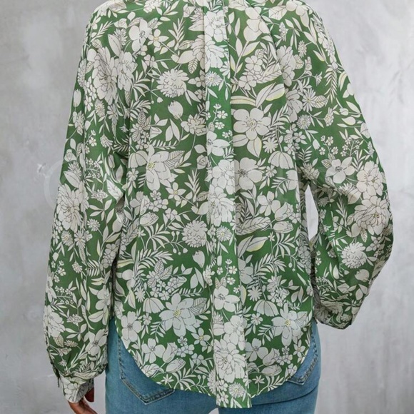 Floral Print Green White Button Down Shirt Bishop Long Sleeve - Picture 9 of 11